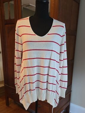 Cream V-Neck Sweater with Red Stripes - Lightweight Knit